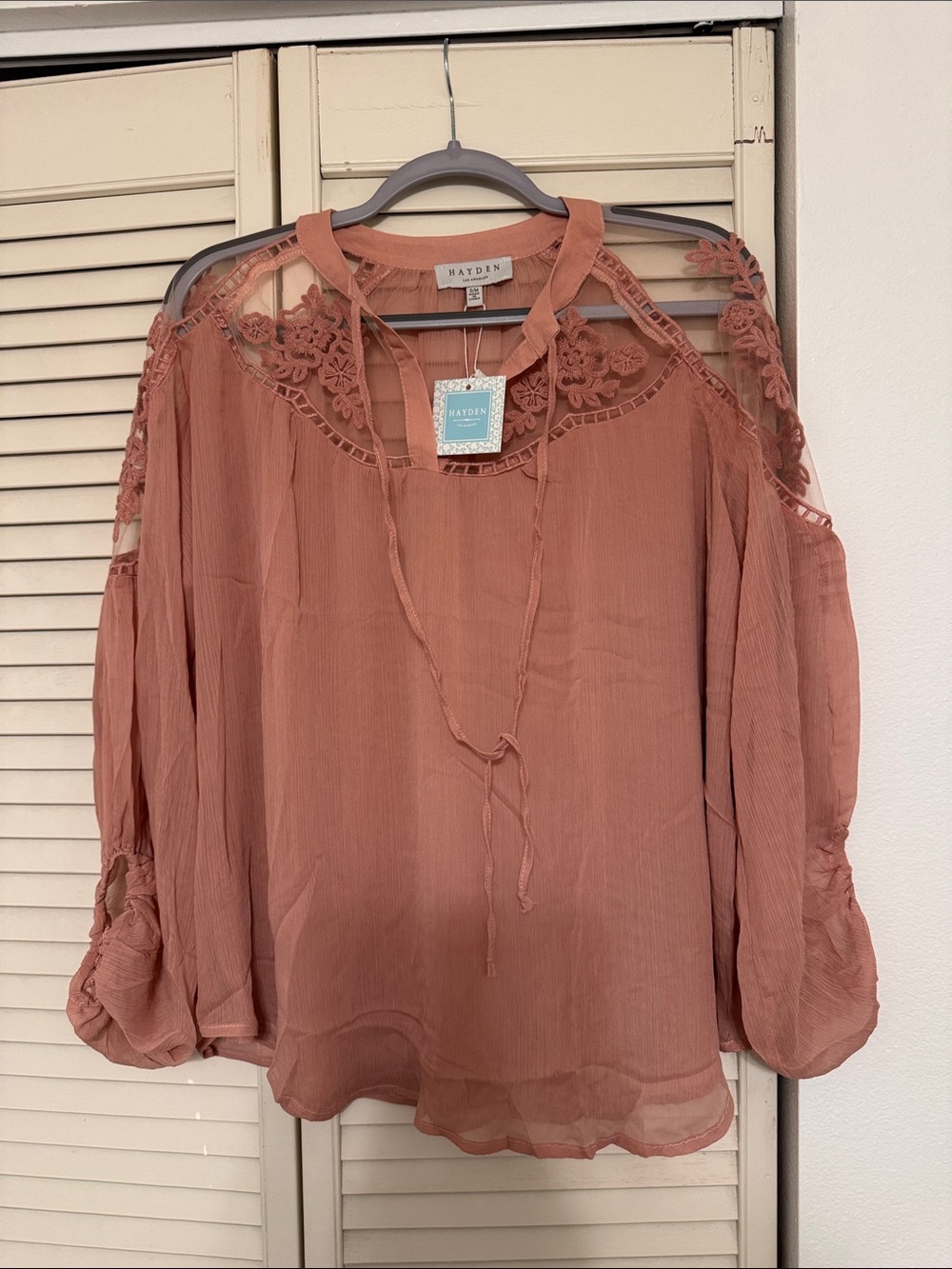 Hayden Rosewood Cold-Shoulder Crochet Tie Blouse